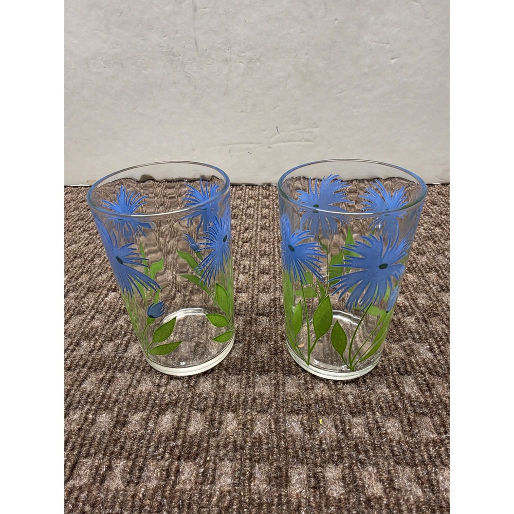 Vintage Blue Floral Juice Glasses Set of 2 Mid Century Modern Flower Tumblers